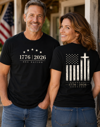 Patriotic Christian T-Shirt | 1776–2026 One Nation In God We Trust Flag | Signature Line | Liberty & Victory Co.