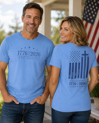 Patriotic Christian T-Shirt | 1776–2026 One Nation In God We Trust Flag | Signature Line | Liberty & Victory Co.