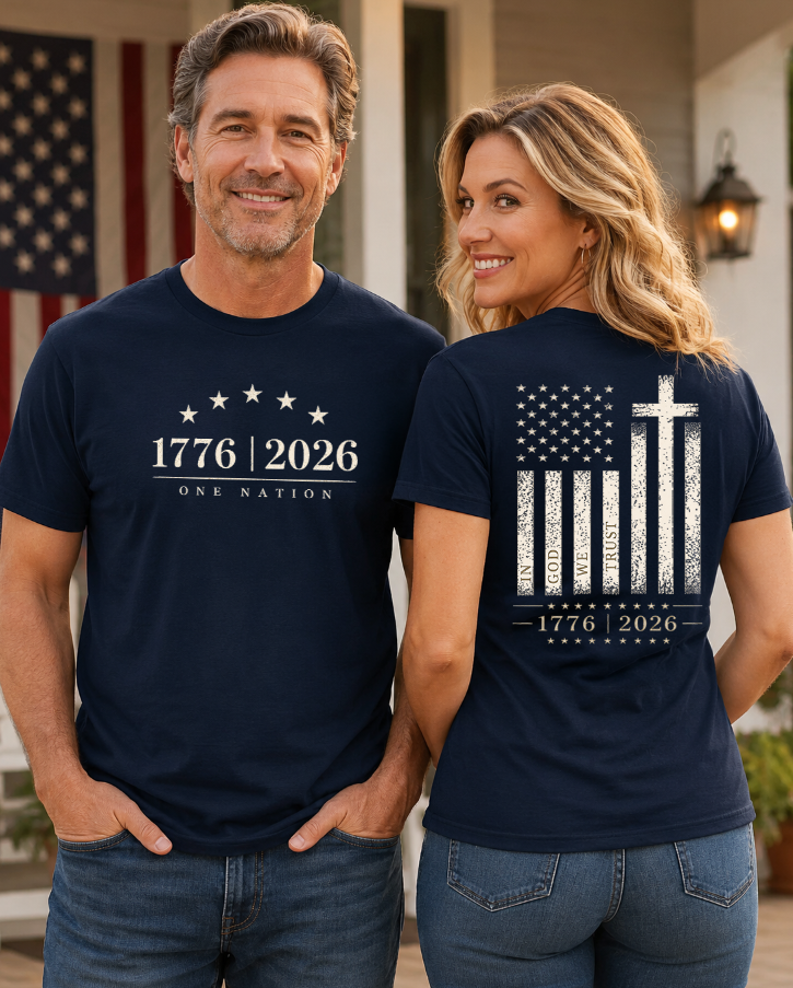 Patriotic Christian T-Shirt | 1776–2026 One Nation In God We Trust Flag | Signature Line | Liberty & Victory Co.