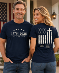 Patriotic Christian T-Shirt | 1776–2026 One Nation In God We Trust Flag | Signature Line | Liberty & Victory Co.
