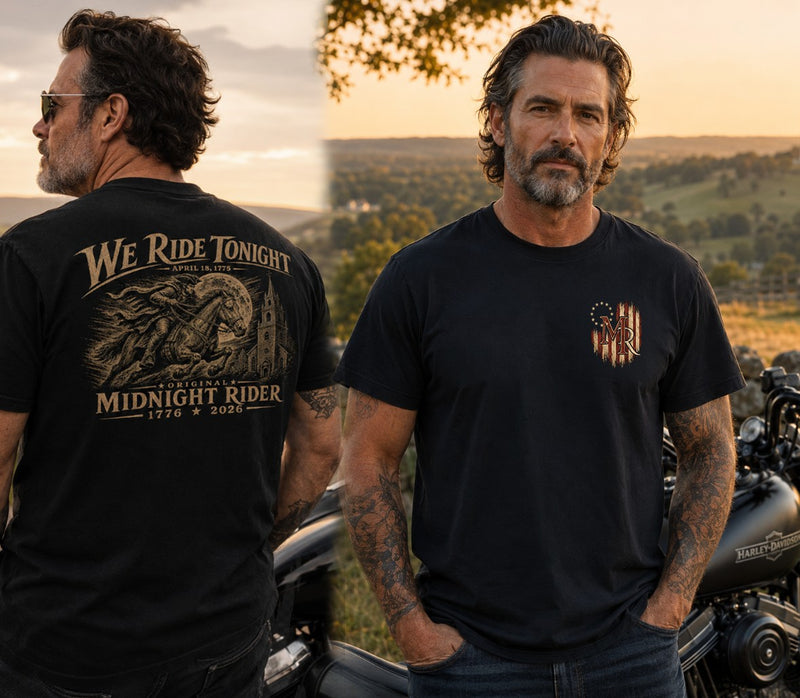 Patriotic Christian T-Shirt | We Ride Tonight Everyday Essentials Original Midnight Rider 1776–2026 | Liberty & Victory Co.