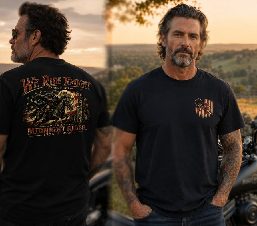 Patriotic Christian T-Shirt | We Ride Tonight-RWB Edition Original Midnight Rider 1776–2026 | Liberty & Victory Co.
