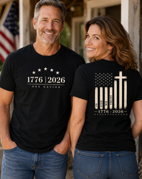 Patriotic Christian T-Shirt | 1776–2026 One Nation In God We Trust Flag | Signature Line | Liberty & Victory Co.