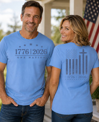Patriotic Christian T-Shirt | 1776–2026 One Nation In God We Trust Flag | Signature Line | Liberty & Victory Co.