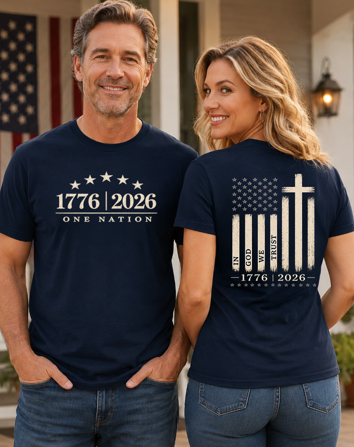Patriotic Christian T-Shirt | 1776–2026 One Nation In God We Trust Flag | Signature Line | Liberty & Victory Co.