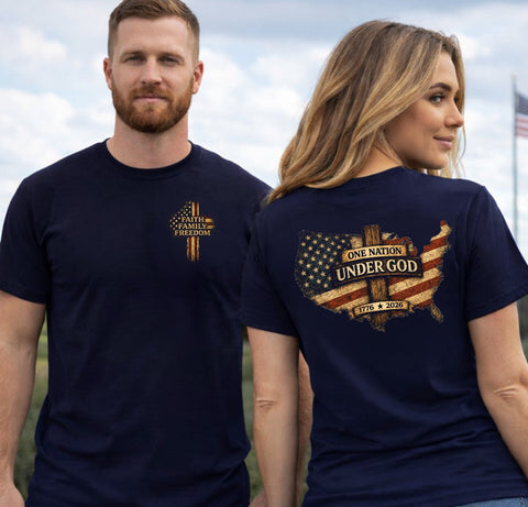 Christian Patriotic T-Shirt | One Nation Under... & Family Freedom Faith Crossover | Liberty-In-One | Liberty & Victory