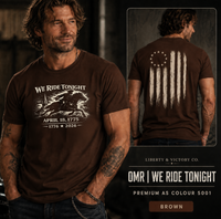 Patriotic T-Shirt | We Ride Tonight 1776–2026 OMR American Flag Design | Veteran-Owned | Liberty & Victory Co.