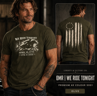 Patriotic T-Shirt | We Ride Tonight 1776–2026 OMR American Flag Design | Veteran-Owned | Liberty & Victory Co.