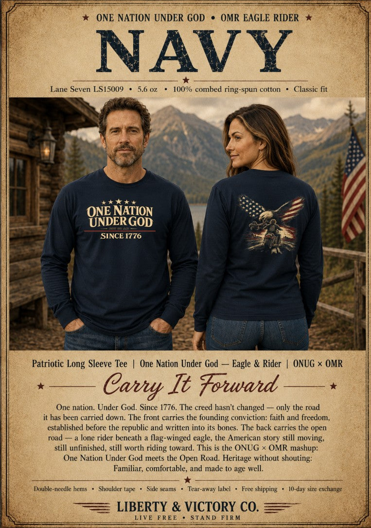 Patriotic Long Sleeve Tee | One Nation Under God Eagle & Rider | ONUG × OMR | Veteran-Owned | Liberty & Victory Co.