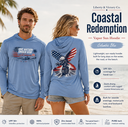 Christian Patriotic Sun Hoodie | One Nation Under God & OMR Eagle | UPF 50+ Solar Hoodie | Eagle Flag Design | Signature Line | Built with Intention