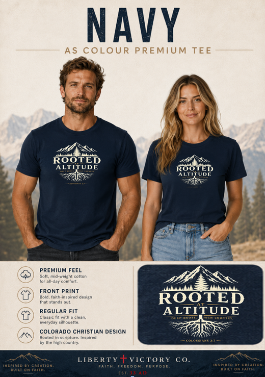 Christian T-Shirt | Rooted at Altitude | Deep Roots. High Country. | Colossians 2:7 | Mountain Faith Tee | Signature Line | Veteran-Owned | Liberty & Victory Co.