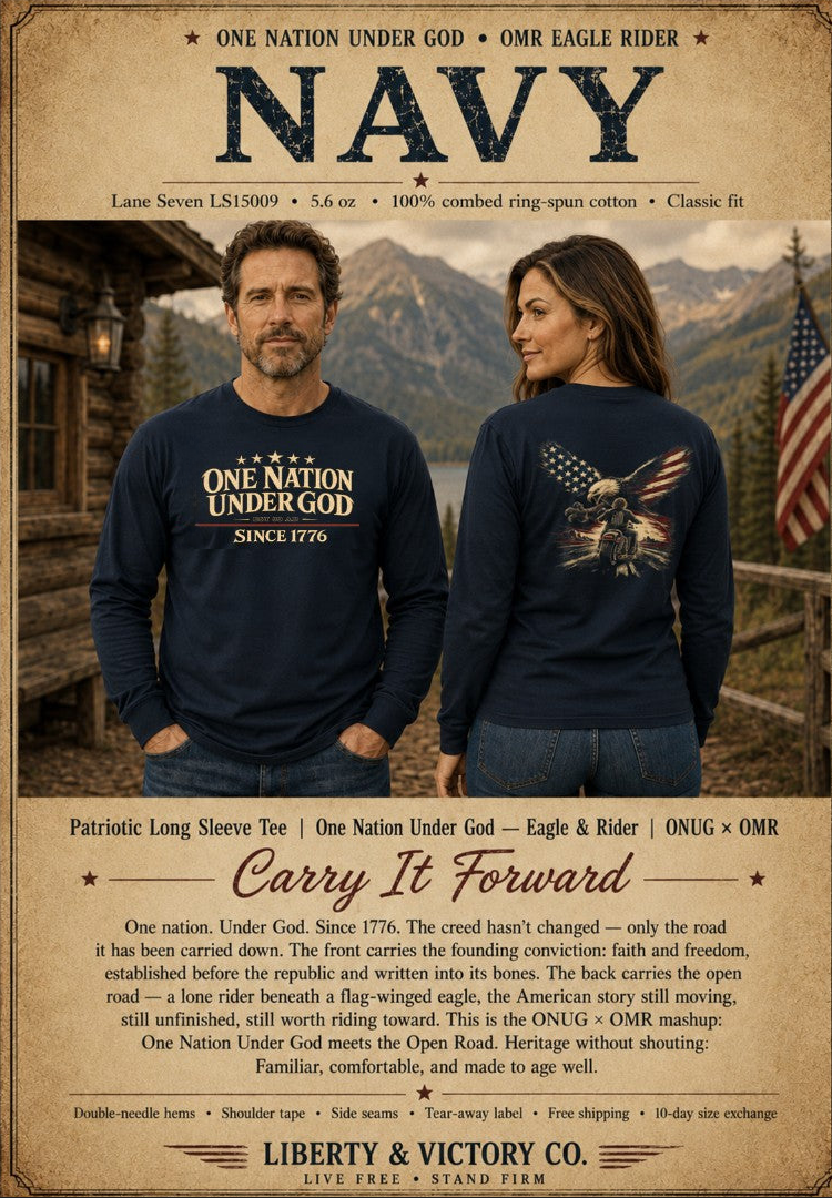 Patriotic Long Sleeve Tee | One Nation Under God Eagle & Rider | ONUG × OMR | Veteran-Owned | Liberty & Victory Co.
