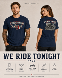 Patriotic T-Shirt | We Ride Tonight | Revere MC | OMR Winged Emblem | 1776–2026 | Liberty-In-One | Signature Line | Veteran-Owned | Liberty & Victory Co.