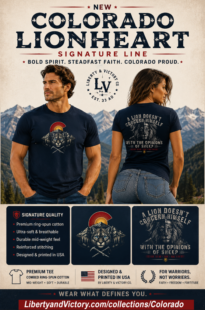 Christian T-Shirt | Colorado Lionheart | A Lion Doesn't Concern Himself | Mountain Lion + Colorado Emblem | Liberty-In-One | Signature Line | Veteran-Owned | Liberty & Victory Co.