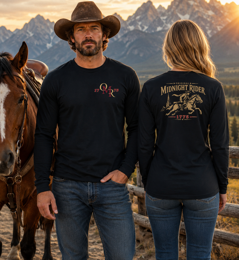 Patriotic Long Sleeve T-Shirt | Original Midnight Rider | Revere Edition | Horses + Midnight Scene | Liberty-In-One | Signature Line | Veteran-Owned | Liberty & Victory Co.