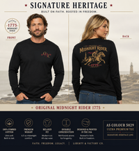 Patriotic Long Sleeve T-Shirt | Original Midnight Rider | Revere Edition | Horses + Midnight Scene | Liberty-In-One | Signature Line | Veteran-Owned | Liberty & Victory Co.