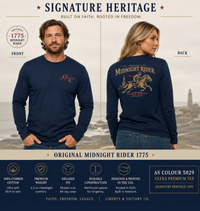 Patriotic Long Sleeve T-Shirt | Original Midnight Rider | Revere Edition | Horses + Midnight Scene | Liberty-In-One | Signature Line | Veteran-Owned | Liberty & Victory Co.
