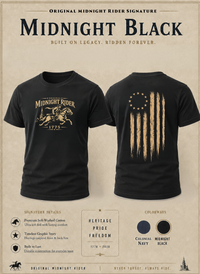 Patriotic Faith | Original Midnight Rider — Signature Tee | Betsy Ross Battle Flag | Veteran-Owned Small Business | Liberty & Victory Co.