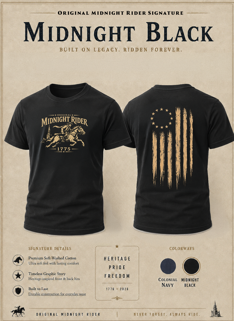 Patriotic Faith | Original Midnight Rider — Signature Tee | Betsy Ross Battle Flag | Veteran-Owned Small Business | Liberty & Victory Co.