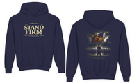 Christian | Stand Firm — Non Nobis Sed Deo Youth Hoodie Front + Back | Veteran-Owned Small Business | Liberty & Victory Co.