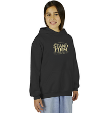 Christian | Stand Firm — Non Nobis Sed Deo Youth Hoodie Front + Back | Veteran-Owned Small Business | Liberty & Victory Co.