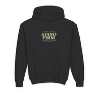 Christian | Stand Firm — Non Nobis Sed Deo Youth Hoodie Front + Back | Veteran-Owned Small Business | Liberty & Victory Co.