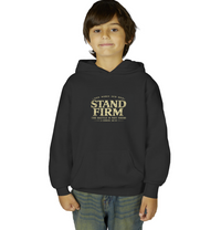 Christian | Stand Firm — Non Nobis Sed Deo Youth Hoodie Front + Back | Veteran-Owned Small Business | Liberty & Victory Co.