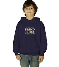 Christian | Stand Firm — Non Nobis Sed Deo Youth Hoodie Front + Back | Veteran-Owned Small Business | Liberty & Victory Co.