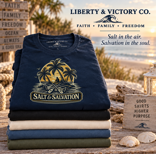 Coastal Faith | Salt & Salvation — T-Shirt Tropical Palm Island Sunset Graphic | Veteran-Owned Small Business | Liberty & Victory Co.