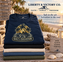 Coastal Faith | Salt & Salvation — T-Shirt Tropical Palm Island Sunset Graphic | Veteran-Owned Small Business | Liberty & Victory Co.