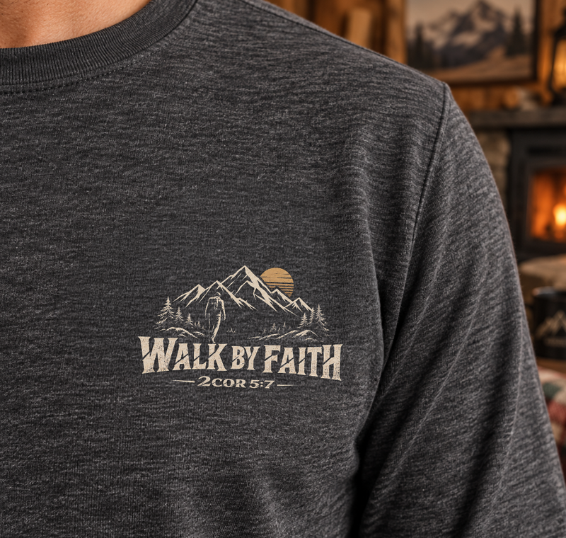 Mountain Faith| Walk by Faith — Long-Sleeve T-Shirt Front + Back Mountain Graphic | Veteran-Owned Small Business | Liberty & Victory Co.