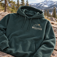 Christian | Walk by Faith — Front + Back Hoodie 2 Cor 5:7 Mountain Scripture Pullover | Veteran-Owned Small Business | Liberty & Victory Co.
