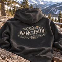 Christian | Walk by Faith — Front + Back Hoodie 2 Cor 5:7 Mountain Scripture Pullover | Veteran-Owned Small Business | Liberty & Victory Co.