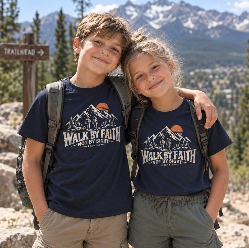 Mountain Faith | Walk by Faith — Siblings Edition Youth T-Shirt Mountain Graphic | Veteran-Owned Small Business | Liberty & Victory Co.
