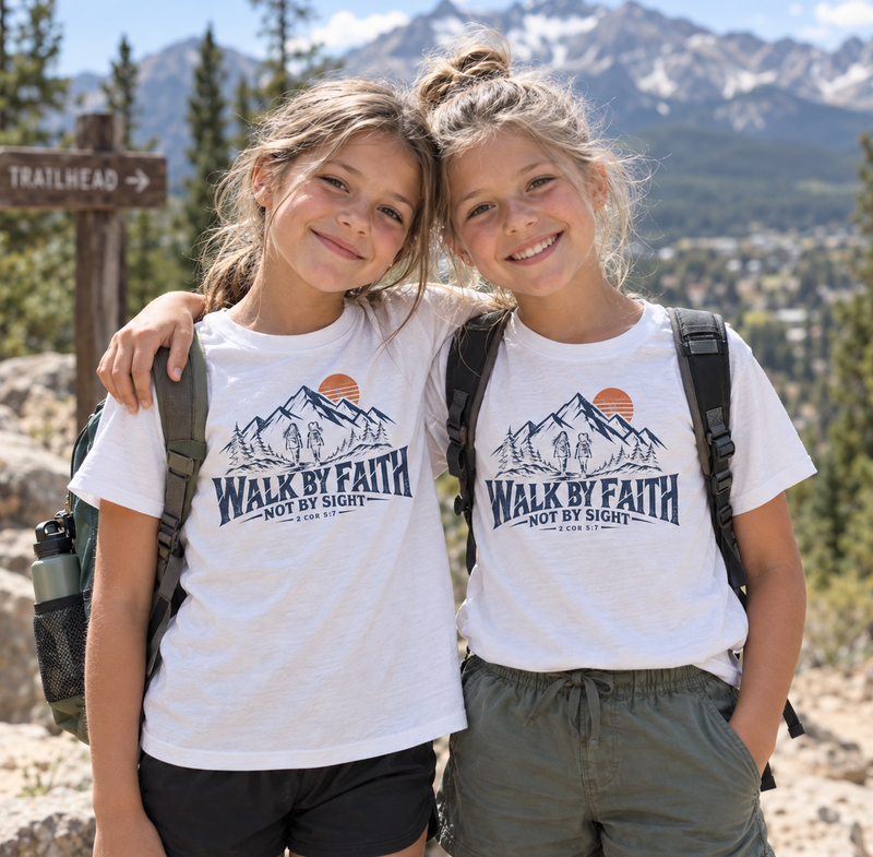 Mountain Faith | Walk by Faith — Sisters Edition Youth T-Shirt Mountain Graphic | Veteran-Owned Small Business | Liberty & Victory Co.
