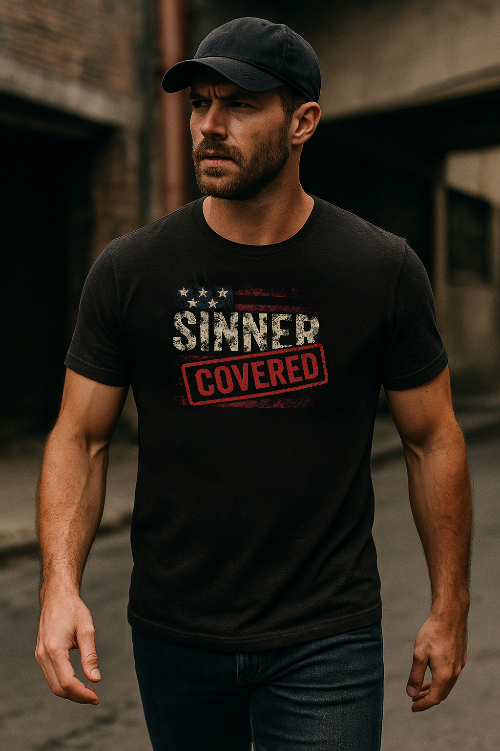 Sinner-Covered – Distressed Americana Premium Tee