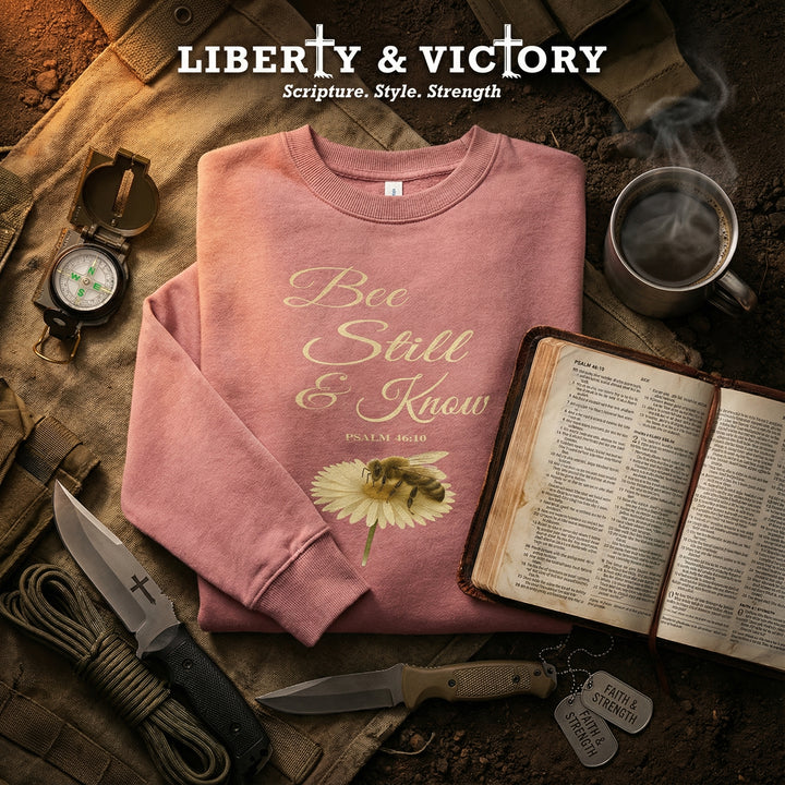 Christian T-Shirt Bee Still & Know – Premium Design - front view - Liberty & Victory