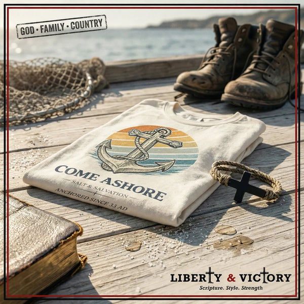 Christian Coastal T-Shirt | Come Ashore Anchor Sun-Stripe Garment-Dyed Vintage Tee | Salt & Salvation | Liberty & Victory