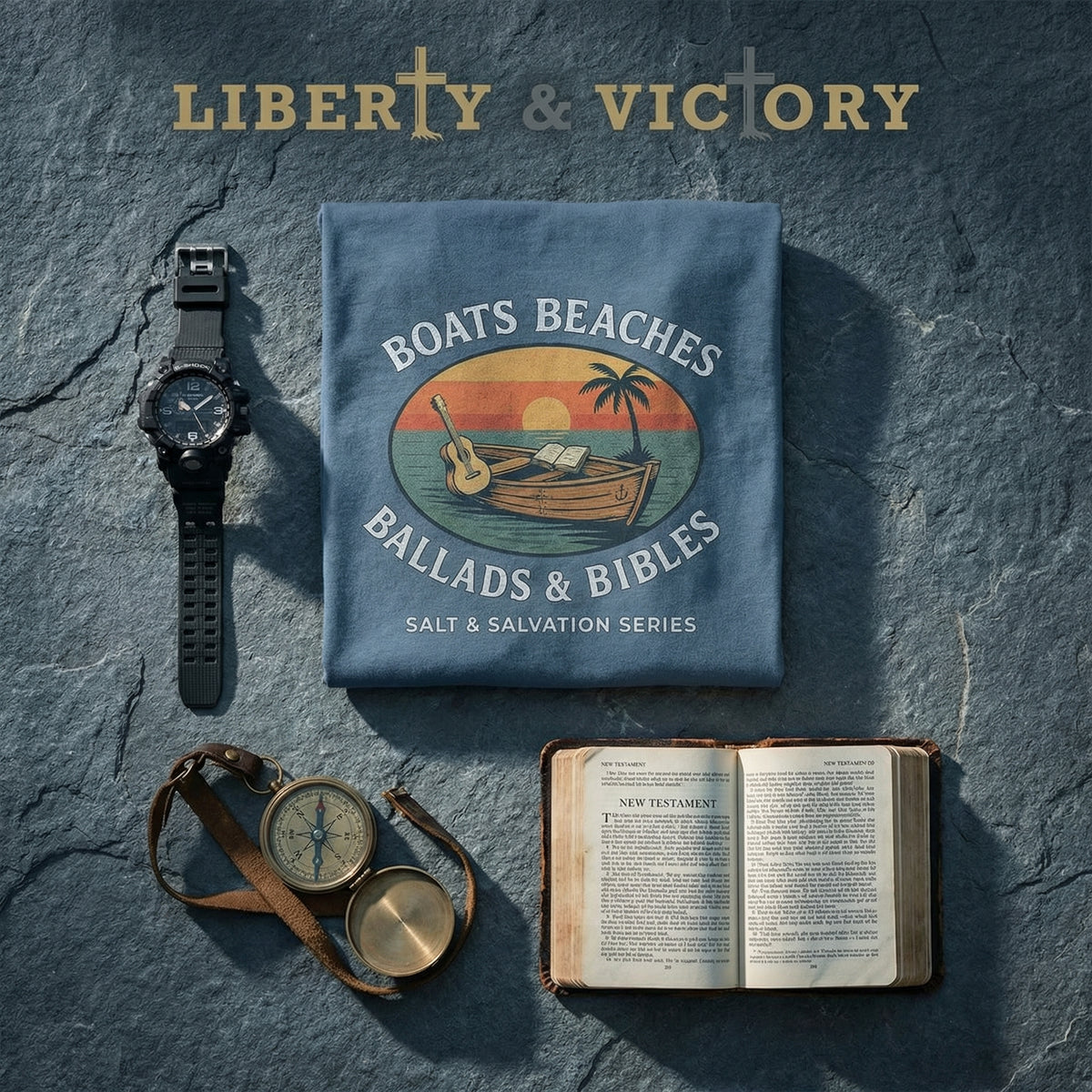 Boats Beaches Ballads & Bibles Tee | Coastal Faith Shirt
