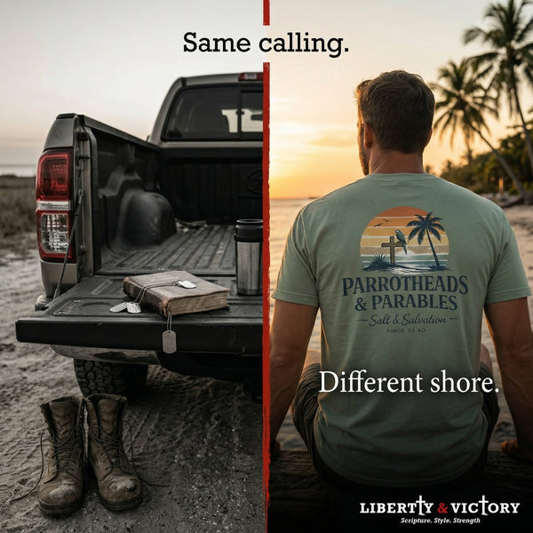 Christian Beach T-Shirt | Salt & Salvation Parrotheads Retro Palm Sunset Garment-Dyed Tee | Liberty & Victory