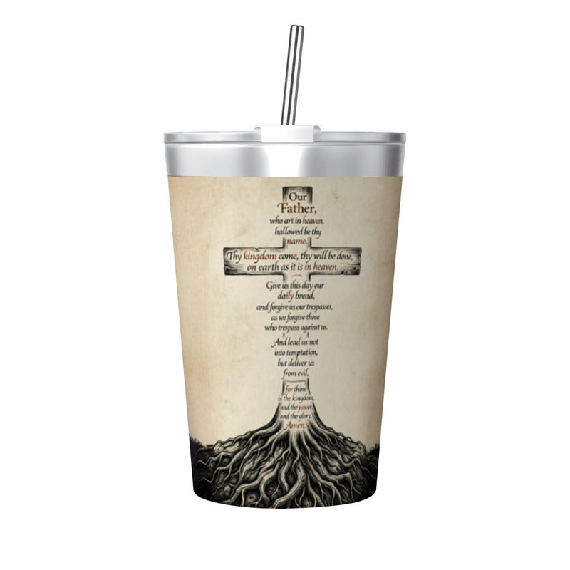 The Lord's Prayer Rooted - 12oz Stainless Steel Water Bottle with Straw
