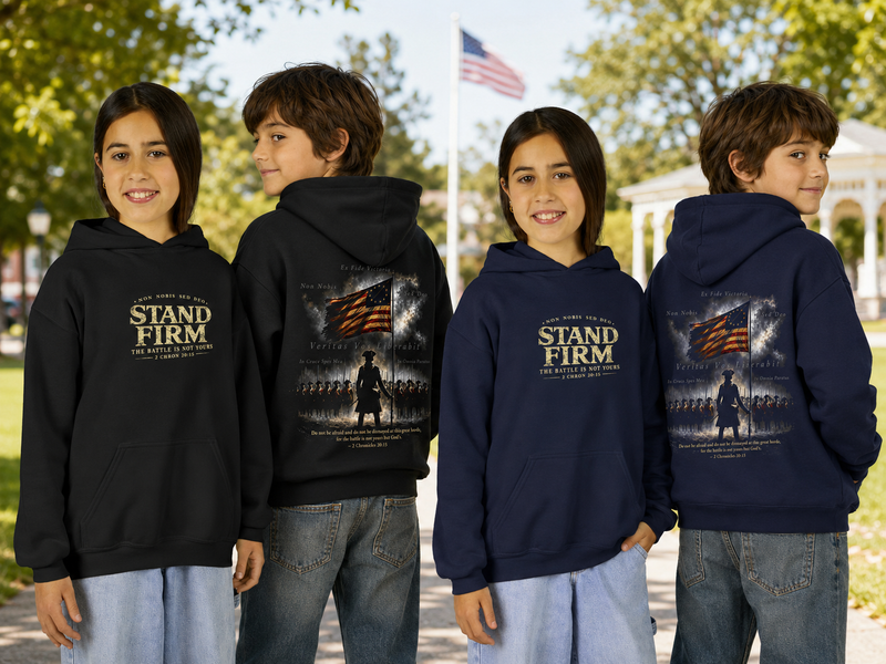 Christian | Stand Firm — Non Nobis Sed Deo Youth Hoodie Front + Back | Veteran-Owned Small Business | Liberty & Victory Co.