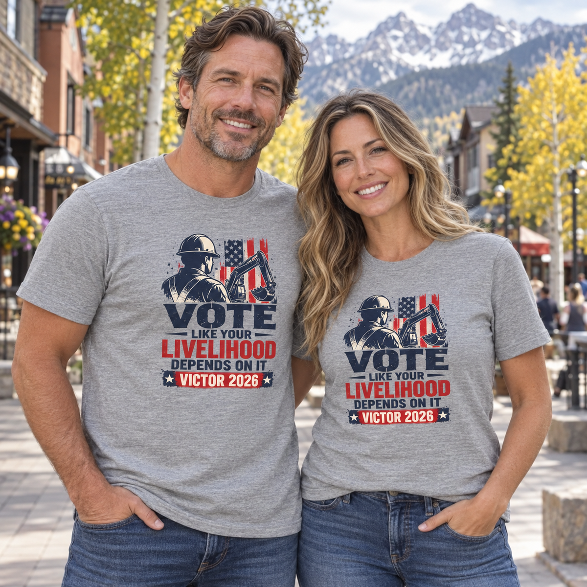 Colorado lifestyle - construction graphic, Athletic Heather T-shirts worn by a man and woman in a Colorado town