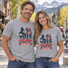 Colorado lifestyle - construction graphic, Athletic Heather T-shirts worn by a man and woman in a Colorado town