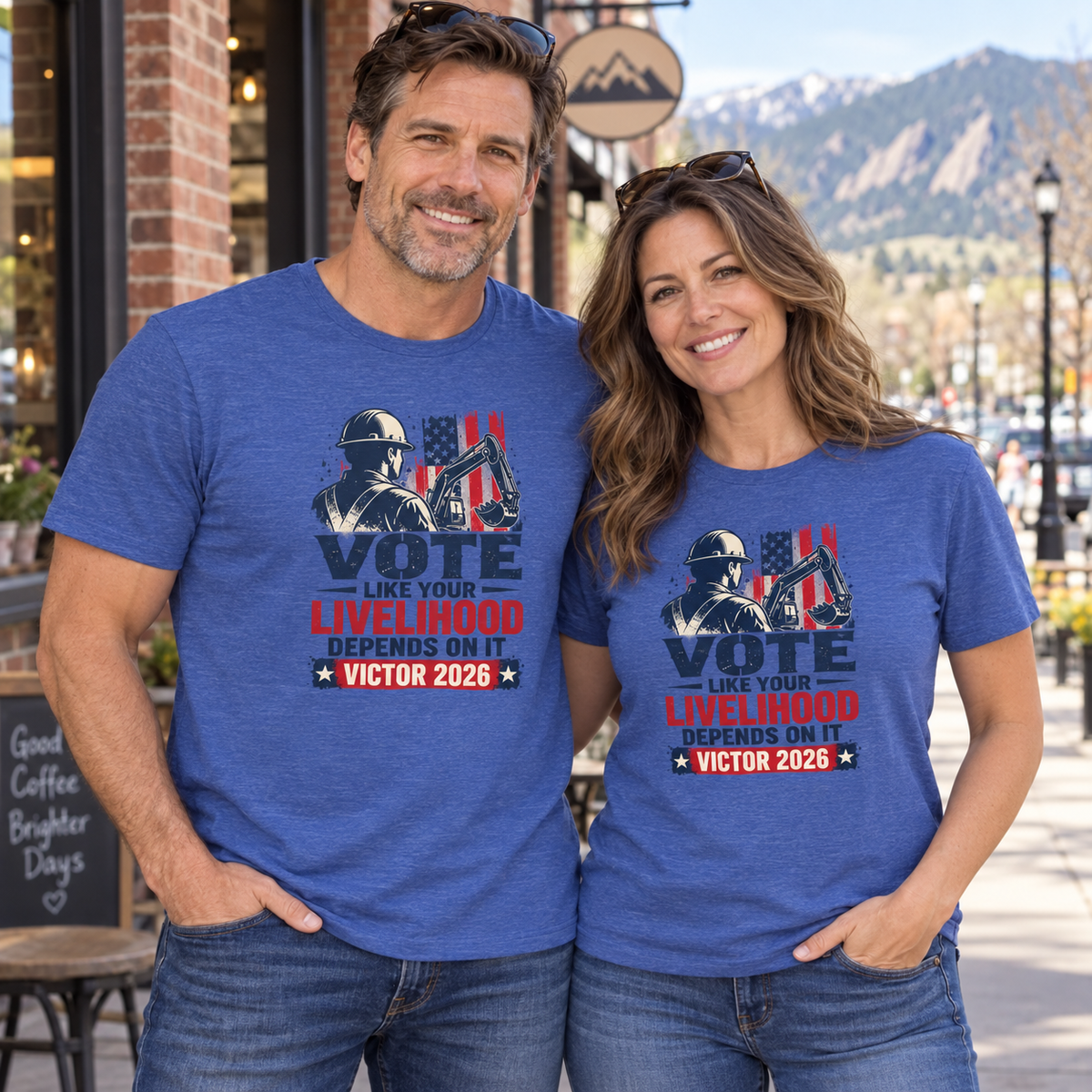Colorado lifestyle - construction graphic, Heather True Royal T-shirts worn by a man and woman in a Colorado town