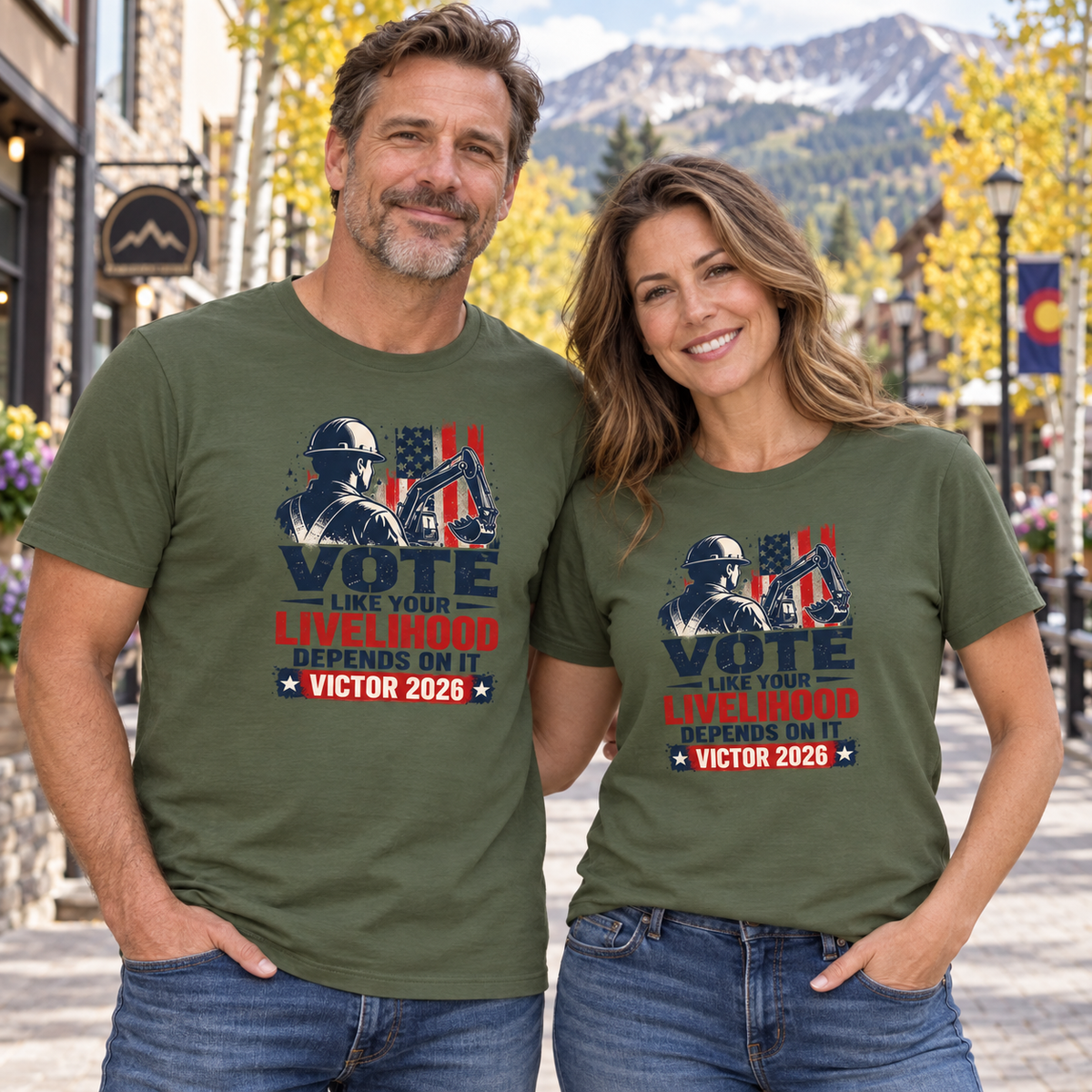 Colorado lifestyle - construction graphic, Military Green T-shirts worn by a man and woman in a Colorado town