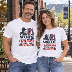 Colorado lifestyle - construction graphic, White T-shirts worn by a man and woman in a Colorado town
