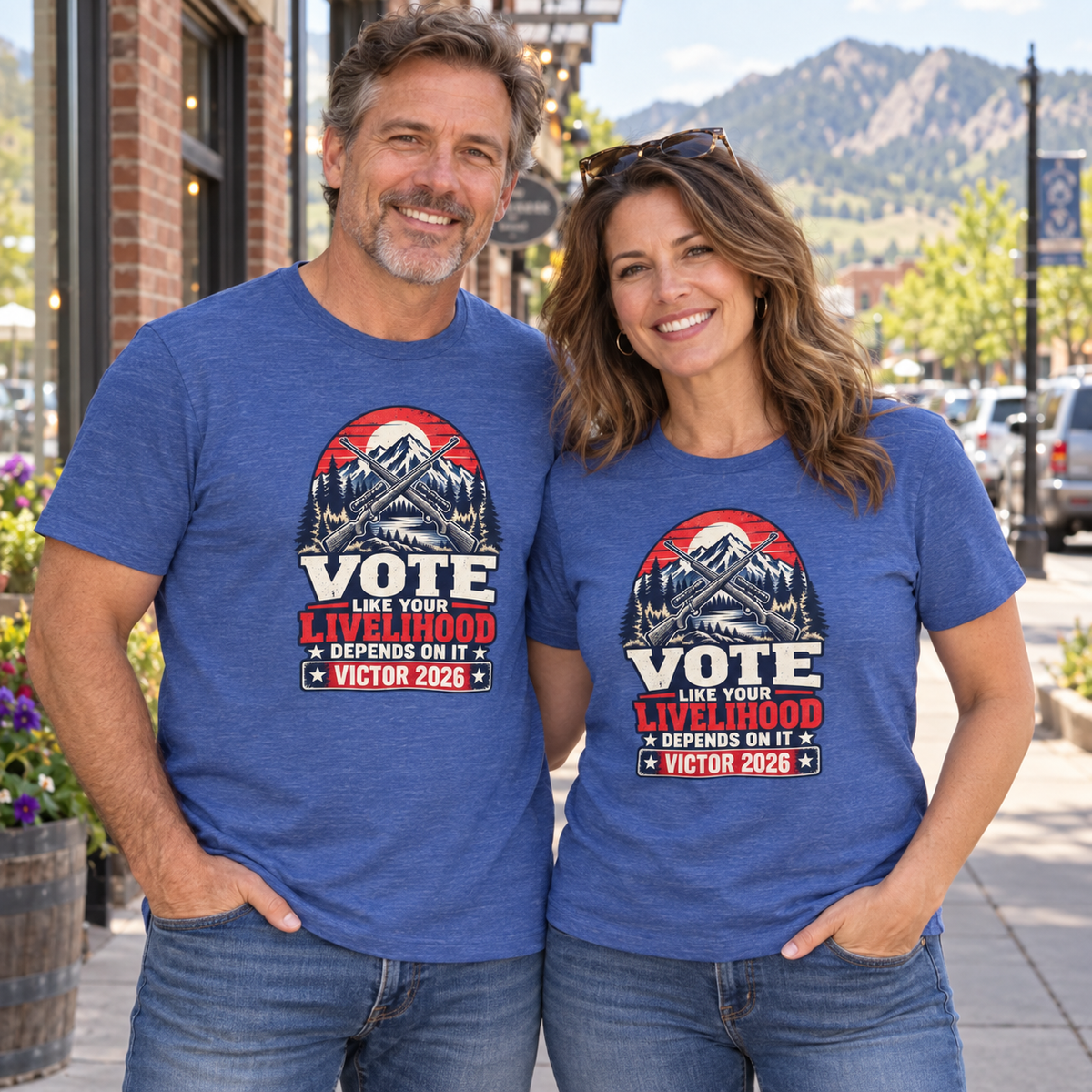 Colorado lifestyle - crossed rifles graphic, Heather True Royal T-shirts worn by a man and woman in a Colorado town
