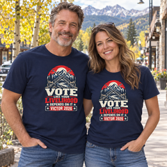 Colorado lifestyle - crossed rifles graphic, Navy T-shirts worn by a man and woman in a Colorado town