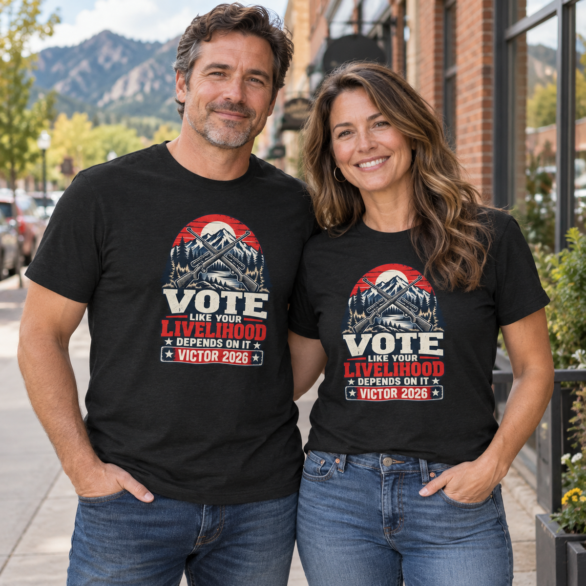 Colorado lifestyle - crossed rifles graphic, Solid Black Blend T-shirts worn by a man and woman in a Colorado town